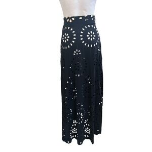 Womens Black Laser‎ Cut Floral Eyelet Maxi Skirt High Waist Swim Cover Up Small